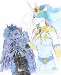 Size: 774x950 | Tagged: safe, artist:lunarlight-prism, imported from derpibooru, princess celestia, princess luna, alicorn, anthro, breasts, clothes, dress, female, hair over one eye, royal sisters, siblings, simple background, sisters, traditional art, white background