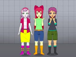 Size: 2000x1500 | Tagged: safe, imported from twibooru, apple bloom, scootaloo, sweetie belle, human, equestria girls, belt, boots, clothes, cutie mark crusaders, high heel boots, humanized, image, jacket, kisekae, needs more jpeg, shirt, shoes, shorts, skirt, solo
