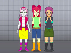 Size: 2000x1500 | Tagged: safe, imported from twibooru, apple bloom, scootaloo, sweetie belle, human, equestria girls, belt, boots, clothes, cutie mark crusaders, high heel boots, humanized, image, jacket, kisekae, needs more jpeg, shirt, shoes, shorts, skirt, trio