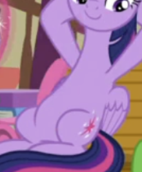 Size: 698x847 | Tagged: safe, imported from derpibooru, screencap, twilight sparkle, alicorn, pony, yakity-sax, belly, cropped, pictures of bellies, reclining, round belly, sitting, smiling, solo, twilight sparkle (alicorn)