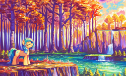 Size: 1280x768 | Tagged: safe, imported from derpibooru, oc, unnamed oc, earth pony, pony, ai content, ai generated, autumn, chin up, cliff, eyes closed, forest, generator:novelai, generator:stable diffusion, lake, nature, paint, painting, prompter:hazy skies, scenery, scenery porn, smiling, solo, tree, water, waterfall