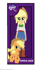 Size: 430x693 | Tagged: safe, artist:qbert2kcat, imported from derpibooru, applejack, earth pony, human, pony, equestria girls, belt, boots, button-up shirt, clothes, cowboy hat, denim skirt, doll, female, freckles, happy, hat, long hair, long mane, my little pony equestria girls, ponytail, shoes, short sleeves, skirt, smiling, standing, tail, teenager, toy