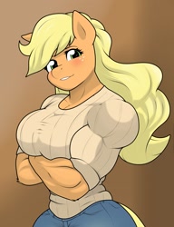 Size: 1733x2252 | Tagged: safe, artist:matchstickman, imported from derpibooru, applejack, anthro, earth pony, alternate hairstyle, applejacked, biceps, blushing, breasts, busty applejack, clothes, crossed arms, female, looking at you, loose hair, mare, muscles, muscular female, solo, sweater
