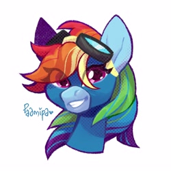 Size: 2500x2500 | Tagged: safe, artist:radmira_lamp, imported from derpibooru, rainbow dash, pegasus, pony, bust, female, grin, simple background, smiling, solo, white background