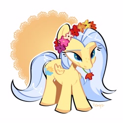 Size: 3000x3000 | Tagged: safe, artist:radmira_lamp, imported from derpibooru, oc, oc only, pegasus, pony, female, floral head wreath, flower, flower in mouth, mouth hold, pegasus oc, simple background, white background, wings