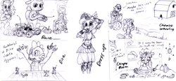 Size: 1500x696 | Tagged: safe, artist:sepiakeys, imported from derpibooru, apple bloom, scootaloo, spike, sweetie belle, twilight sparkle, anthro, pony, cutie mark crusaders, monochrome, toy