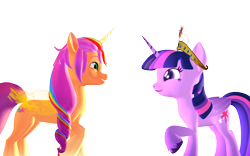 Size: 1920x1200 | Tagged: safe, artist:puzzlshield2, imported from derpibooru, sunny starscout, twilight sparkle, alicorn, earth pony, pony, 3d, 3d render, concave belly, crossover, element of magic, g5, generation leap, mmd, my little pony: a new generation, my little pony: make your mark, physique difference, png, princess of friendship, simple background, slender, story included, sunny and her heroine, thin, transparent background, twilight sparkle (alicorn)
