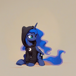 Size: 1024x1024 | Tagged: safe, imported from derpibooru, princess luna, alicorn, pony, ai content, ai generated, artificial intelligence, clothes, cute, female, hoodie, horn, looking away, lunabetes, mare, simple background, sitting, solo, wings