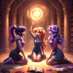 Size: 1024x1024 | Tagged: safe, imported from derpibooru, starlight glimmer, sunset shimmer, twilight sparkle, human, equestria girls, ai content, ai generated, book, bookshelf, column, generator:bing image creator, generator:dall-e 3, horn, horned humanization, humanized, kneeling, library, magic, magic circle, magic portal, prompter:yet-one-more-idiot