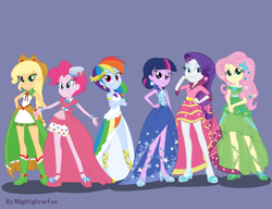 Size: 3058x2350 | Tagged: safe, artist:nightglowfan, imported from derpibooru, applejack, fluttershy, pinkie pie, rainbow dash, rarity, twilight sparkle, human, equestria girls, the best night ever, clothes, dress, equestria girls-ified, gala dress, hand on hip, high res, mane six, purple background, simple background, slender, thin