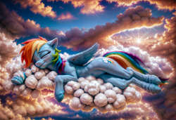 Size: 3648x2496 | Tagged: safe, derpibooru exclusive, imported from derpibooru, rainbow dash, pegasus, pony, ai assisted, ai content, ai generated, belly button, butt, cloud, cute, ear fluff, eyes closed, female, fluffy, folded wings, generator:pony diffusion v6 xl, generator:stable diffusion, hooves, horn, lying down, mare, on a cloud, penetration, prompter:303aleks, sex, sky, sleeping, solo, solo female, solo focus, sun, tail, underhoof, vaginal, wings