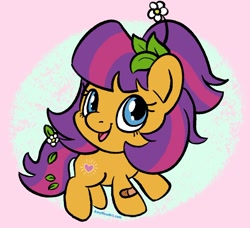 Size: 1234x1125 | Tagged: safe, artist:amynewblue, imported from ponybooru, earth pony, pony, bandaid, female, flower, flower in hair, heart, leaf, looking at you, maggie joy, mare, open mouth, open smile, side view, smiling, smiling at you, solo, turned head