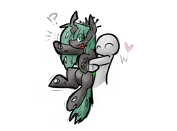 Size: 1253x925 | Tagged: safe, artist:zutcha, imported from derpibooru, queen chrysalis, changeling, changeling queen, human, ^^, duo, exclamation point, eyes closed, female, holding a changeling, hug, interrobang, open mouth, pictogram, question mark, raised hoof, simple background, white background