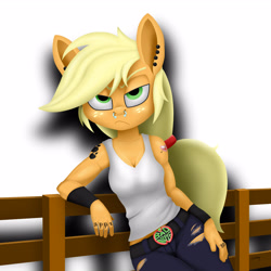Size: 3200x3200 | Tagged: safe, artist:leddaq, imported from derpibooru, applejack, anthro, belt, clothes, denim, ear piercing, female, fence, freckles, jeans, lidded eyes, looking at you, nose piercing, pants, piercing, solo, tattoo