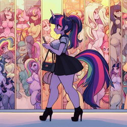 Size: 1024x1024 | Tagged: safe, imported from derpibooru, twilight sparkle, ghost, human, undead, unicorn, equestria girls, adorasexy, ai content, ai generated, bag, big breasts, breasts, busty twilight sparkle, clothes, curvy, cute, explicit description, fear, female, hallway, handbag, high heels, horn, horned humanization, hourglass figure, huge breasts, humanized, implied tail hole, implied transformation, implied transgender transformation, male to female, open mouth, ponytail, prompter:horselover fat, purse, rule 63, sexy, shirt, shoes, short, shortstack, side view, sideboob, skirt, solo, stained glass, story included, stupid sexy twilight, surreal, tail, tailed humanization, walking, weird