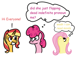 Size: 1946x1442 | Tagged: safe, artist:zoeyhorse, imported from derpibooru, fluttershy, pinkie pie, sunset shimmer, earth pony, pegasus, pony, unicorn, bust, dialogue, female, horn, looking up, mare, mind reading, open mouth, open smile, simple background, smiling, telepathy, thought bubble, trio, trio female, white background