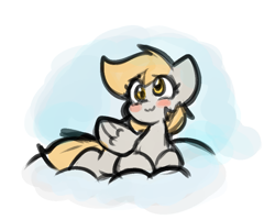 Size: 939x751 | Tagged: safe, artist:zutcha, imported from derpibooru, derpy hooves, pegasus, pony, blush sticker, blushing, cloud, cute, derpabetes, female, lying down, lying on a cloud, mare, on a cloud, prone, sketch, smiling, solo