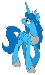 Size: 1180x1953 | Tagged: safe, artist:alicornparty, imported from derpibooru, oc, oc only, oc:sapphire rain, alicorn, pony, spoiler:fanfic, alicorn oc, blue coat, colored, commission, commissioner:strifepower, concave belly, crown, female, folded wings, frown, hoof shoes, horn, jewelry, looking up, mare, peytral, princess shoes, raised hoof, regalia, show accurate, simple background, slender, solo, tall, thin, transparent background, turned head, wings