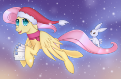 Size: 959x624 | Tagged: safe, artist:cruxisma, imported from derpibooru, angel bunny, fluttershy, pegasus, pony, rabbit, animal, christmas, clothes, colored pupils, duo, envelope, female, flying, hat, holiday, mail, male, mare, old art, santa hat, scarf, smiling, snow, snowfall