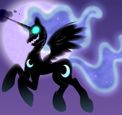 Size: 879x829 | Tagged: safe, artist:cruxisma, imported from derpibooru, nightmare moon, alicorn, pony, ethereal mane, ethereal tail, female, flying, glowing, glowing eyes, jagged mouth, mare, moon, old art, silhouette, solo, tail