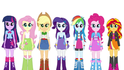 Size: 2560x1440 | Tagged: safe, artist:qbert2kcat, imported from derpibooru, applejack, fluttershy, pinkie pie, rainbow dash, rarity, sci-twi, sunset shimmer, twilight sparkle, human, equestria girls, arms, belt, blouse, boots, bowtie, bracelet, button-up shirt, clothes, collar, cowboy hat, denim skirt, elbowed sleeves, female, fingers, freckles, hairpin, hand, happy, hat, humane five, humane seven, humane six, jacket, jewelry, leather jacket, legs, long hair, long sleeves, makeup, my little pony equestria girls, pleated skirt, ponytail, puffy sleeves, shirt, shoes, short sleeves, simple background, skirt, sleeveless, smiling, socks, standing, t-shirt, tanktop, teenager, top, vest, white background, wristband