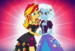 Size: 1216x832 | Tagged: safe, imported from twibooru, sunset shimmer, trixie, human, equestria girls, ai content, ai generated, clothes, dress, female, holding hands, humanized, image, lesbian, needs more jpeg, prompter:tiamatnightmare, shipping, suntrix