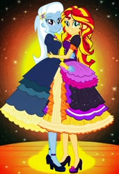 Size: 832x1216 | Tagged: safe, imported from twibooru, sunset shimmer, trixie, human, equestria girls, ai content, ai generated, clothes, dress, female, holding hands, humanized, image, lesbian, needs more jpeg, prompter:tiamatnightmare, shipping, suntrix