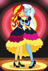 Size: 832x1216 | Tagged: safe, imported from twibooru, sunset shimmer, trixie, human, equestria girls, ai content, ai generated, clothes, dress, female, holding hands, humanized, image, kissing, lesbian, needs more jpeg, prompter:tiamatnightmare, shipping, suntrix