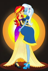 Size: 832x1216 | Tagged: safe, imported from twibooru, sunset shimmer, trixie, human, equestria girls, ai content, ai generated, clothes, dress, female, holding hands, humanized, image, kissing, lesbian, needs more jpeg, pregnant, prompter:tiamatnightmare, shipping, suntrix