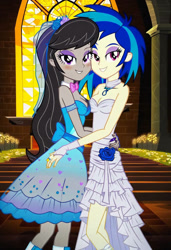 Size: 749x1096 | Tagged: safe, imported from twibooru, dj pon-3, octavia melody, vinyl scratch, human, equestria girls, ai content, ai generated, church, clothes, dress, female, humanized, image, lesbian, needs more jpeg, prompter:tiamatnightmare, scratchtavia, shipping, wedding dress