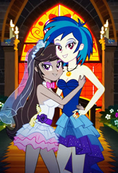 Size: 749x1096 | Tagged: safe, imported from twibooru, dj pon-3, octavia melody, vinyl scratch, human, equestria girls, ai content, ai generated, church, clothes, dress, female, humanized, image, lesbian, needs more jpeg, prompter:tiamatnightmare, scratchtavia, shipping, wedding dress