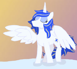 Size: 1800x1600 | Tagged: safe, artist:silverfishv9, imported from derpibooru, oc, oc only, oc:azure star (silverfishv9), alicorn, alicorn oc, blue eyes, blue mane, female, gradient background, highlights, horn, mare, solo, wings