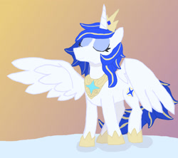 Size: 1800x1600 | Tagged: safe, artist:silverfishv9, imported from derpibooru, oc, oc only, oc:azure star (silverfishv9), alicorn, alicorn oc, blue eyes, blue mane, clothes, crown, female, gradient background, highlights, horn, jewelry, mare, peytral, regalia, shoes, solo, wings