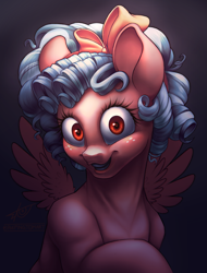 Size: 2219x2919 | Tagged: safe, artist:peepingtom, imported from derpibooru, cozy glow, pegasus, pony, bow, bust, curly hair, female, filly, foal, hair bow, portrait, wide eyes