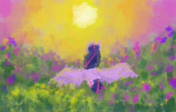 Size: 1280x816 | Tagged: safe, artist:sleepybooocharlie, imported from derpibooru, twilight sparkle, alicorn, pony, facing away, flower, flower field, looking up, painterly, solo, spread wings, sun, twilight sparkle (alicorn), wings