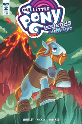 Size: 2063x3131 | Tagged: safe, artist:zachary sterling, idw, imported from derpibooru, rockhoof, earth pony, pony, clothes, comic cover, cover, cover art, eruption, lava, legends of magic #2, male, my little pony logo, my little pony: legends of magic, official comic, outdoors, raised hoof, signature, solo, stallion, tail, unshorn fetlocks, variant cover