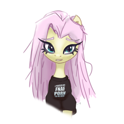 Size: 3000x3000 | Tagged: safe, artist:tuskonline, imported from derpibooru, fluttershy, pony, unicorn, blue eyes, clothes, female, horn, pink hair, pink mane, shirt, simple background, solo, solo female, white background, yellow body