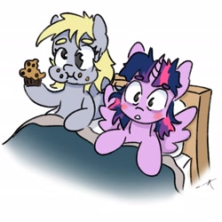 Size: 2236x2236 | Tagged: safe, artist:tuskonline, imported from derpibooru, derpy hooves, twilight sparkle, alicorn, pegasus, pony, blushing, crumbs, duo, duo female, eating, female, food, horn, muffin, signature, simple background, twilight sparkle (alicorn), white background, wings