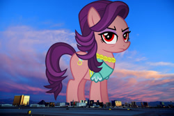 Size: 1600x1066 | Tagged: safe, artist:jeatz-axl, edit, editor:jaredking779, imported from derpibooru, spoiled rich, earth pony, pony, angry, clothes, female, frown, giant pony, giantess, highrise ponies, irl, las vegas, looking at you, macro, mare, nevada, photo, ponies in real life, red eyes, story included, vulgar description