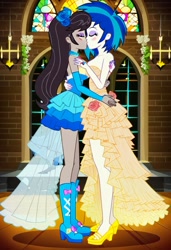 Size: 832x1216 | Tagged: safe, imported from twibooru, dj pon-3, octavia melody, vinyl scratch, human, equestria girls, ai content, ai generated, church, clothes, dress, female, hug, humanized, image, jewelry, kissing, lesbian, needs more jpeg, prompter:tiamatnightmare, ring, scratchtavia, shipping, wedding dress, wedding ring
