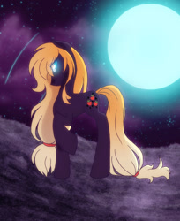 Size: 674x826 | Tagged: safe, artist:ashleynicholsart, deleted from derpibooru, imported from ponybooru, part of a set, applejack, earth pony, pony, banned from derpibooru, cloud, glowing eyes, moon, night, nightmare applejack, nightmarified, raised hoof, raised leg, rock, scrunchie, sky, solo, stone