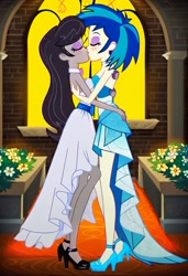 Size: 832x1216 | Tagged: safe, imported from twibooru, dj pon-3, octavia melody, vinyl scratch, human, equestria girls, ai content, ai generated, bride, church, clothes, dress, female, hug, humanized, image, in love, jewelry, kissing, lesbian, needs more jpeg, prompter:tiamatnightmare, ring, scratchtavia, shipping, wedding dress, wedding ring