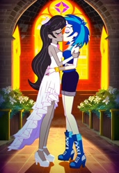 Size: 832x1216 | Tagged: safe, imported from twibooru, dj pon-3, octavia melody, vinyl scratch, human, equestria girls, ai content, ai generated, bride, church, clothes, dress, female, hug, humanized, image, in love, jewelry, kissing, lesbian, needs more jpeg, prompter:tiamatnightmare, ring, scratchtavia, shipping, wedding dress, wedding ring