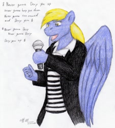 Size: 858x950 | Tagged: safe, artist:lunarlight-prism, imported from derpibooru, derpy hooves, anthro, pegasus, clothes, female, jacket, microphone, rick astley, rickroll, simple background, solo, traditional art, white background