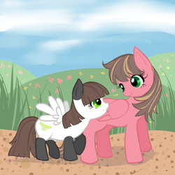 Size: 720x720 | Tagged: safe, artist:zanthu, imported from derpibooru, oc, oc only, pegasus, pony, colored hooves, duo, female, looking at each other, looking at someone, mare, path, smiling