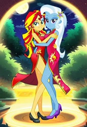 Size: 1200x1754 | Tagged: safe, imported from twibooru, sunset shimmer, trixie, human, equestria girls, ai content, ai generated, chinese dress, female, humanized, image, lesbian, needs more jpeg, night, prompter:tiamatnightmare, shipping, stars, suntrix