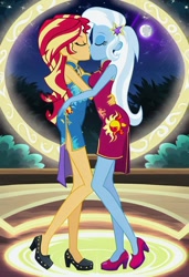 Size: 832x1216 | Tagged: safe, imported from twibooru, sunset shimmer, trixie, human, equestria girls, ai content, ai generated, chinese dress, female, humanized, image, kissing, lesbian, needs more jpeg, night, prompter:tiamatnightmare, shipping, stars, suntrix