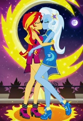 Size: 832x1216 | Tagged: safe, imported from twibooru, sunset shimmer, trixie, human, equestria girls, ai content, ai generated, chinese dress, female, humanized, image, kissing, lesbian, needs more jpeg, night, prompter:tiamatnightmare, shipping, stars, suntrix