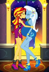 Size: 832x1216 | Tagged: safe, imported from twibooru, sunset shimmer, trixie, human, equestria girls, ai content, ai generated, chinese dress, female, humanized, image, kissing, lesbian, needs more jpeg, night, pregnant, prompter:tiamatnightmare, shipping, stars, suntrix