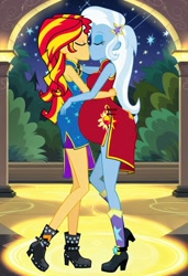 Size: 832x1216 | Tagged: safe, imported from twibooru, sunset shimmer, trixie, human, equestria girls, ai content, ai generated, chinese dress, female, humanized, image, kissing, lesbian, needs more jpeg, night, pregnant, prompter:tiamatnightmare, shipping, stars, suntrix